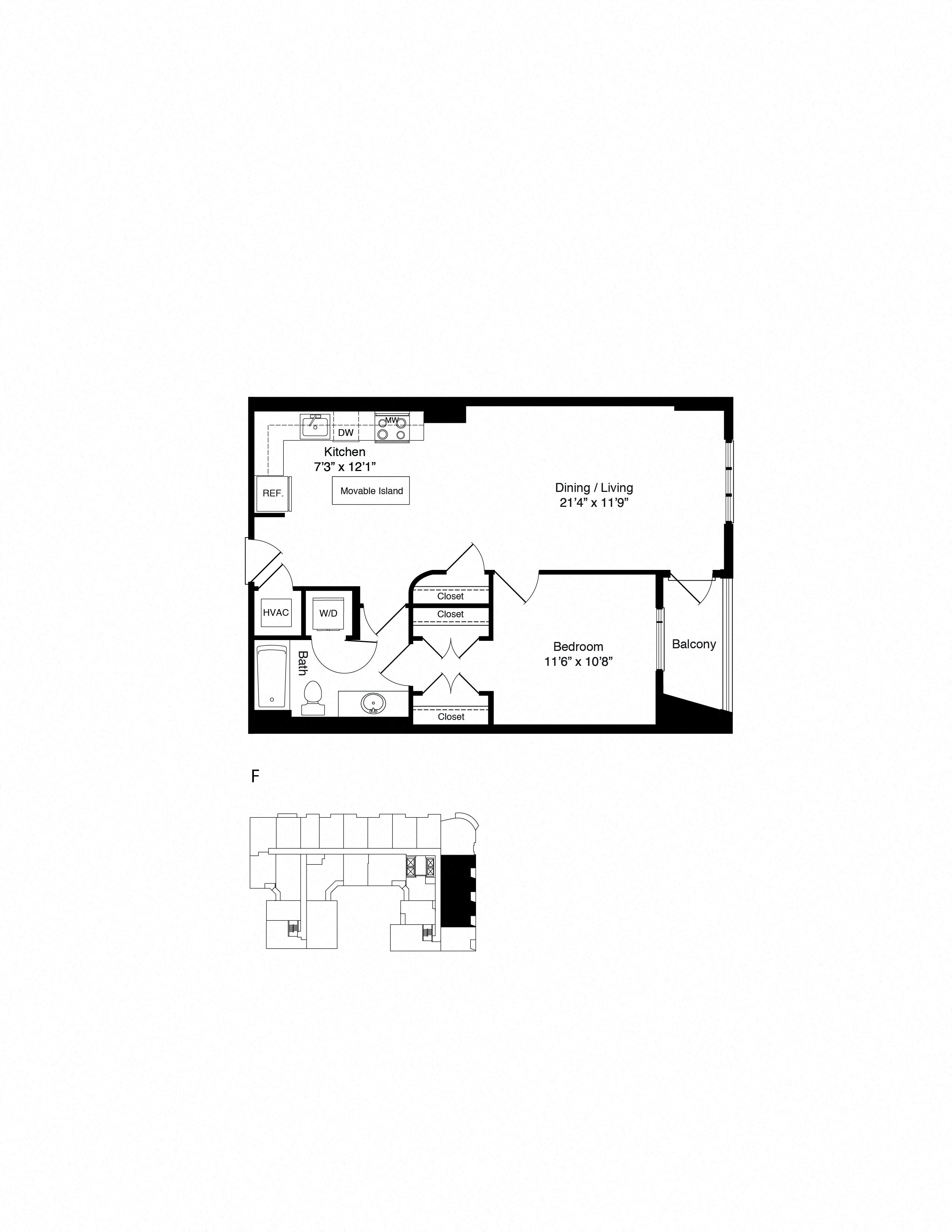 Floor plan for 1 bed, 1 bath, 756 sqft